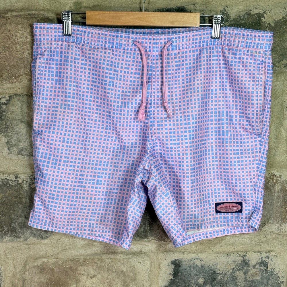Vineyard Vines Mens Pink Blue Checkered Swim Trunks Shorts 4036 Size S S/P 7in